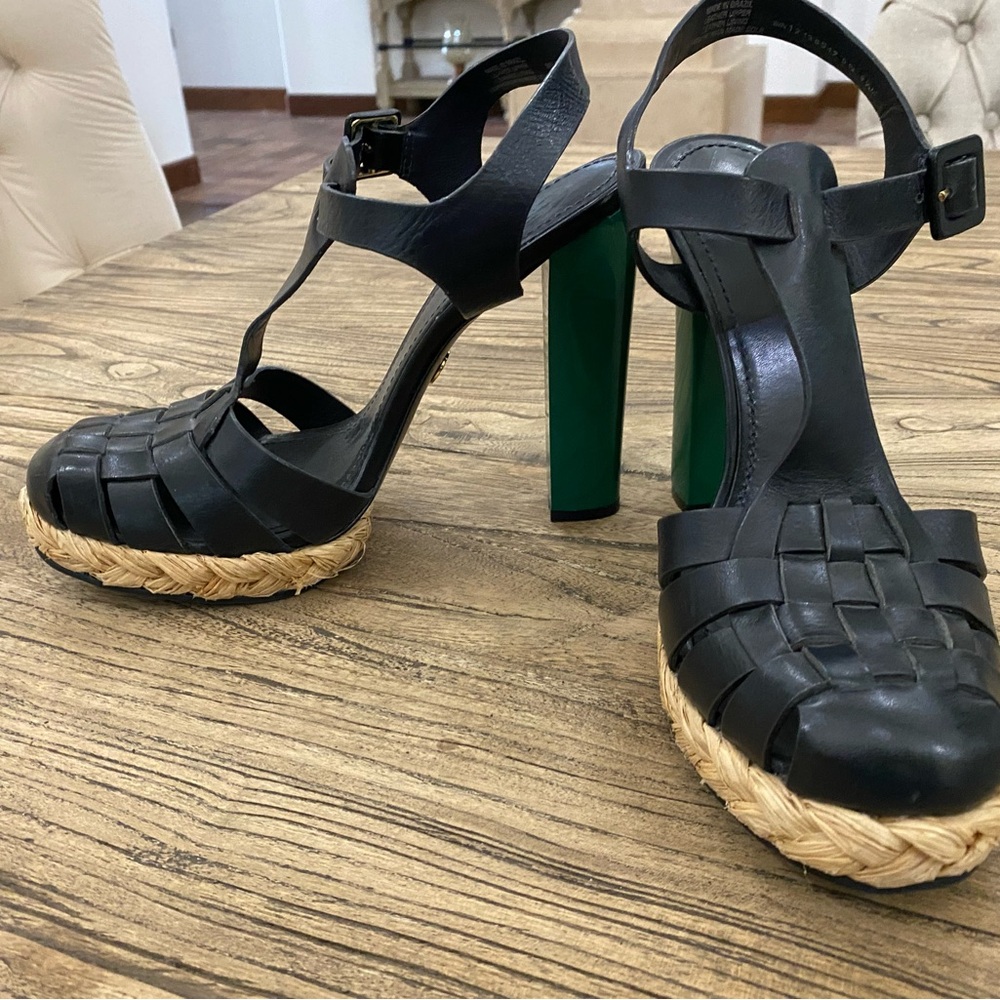 Tory Burch Abella Black Strappy Heels with Green Block Heel - Picture 3 of 7